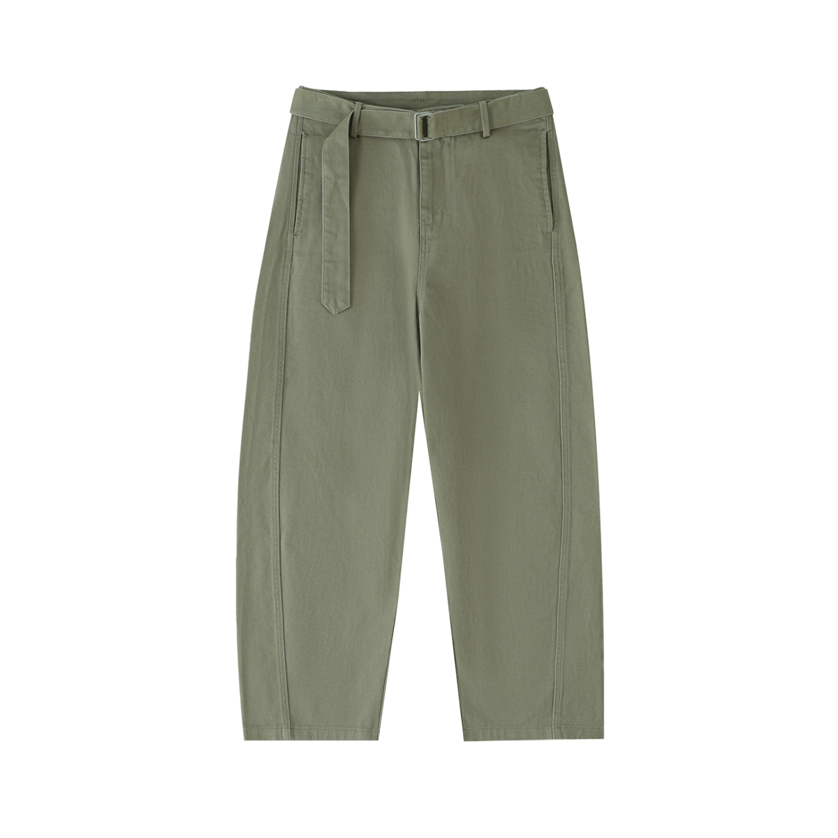 Twisted-Seam Belted Curved-Blade Pants